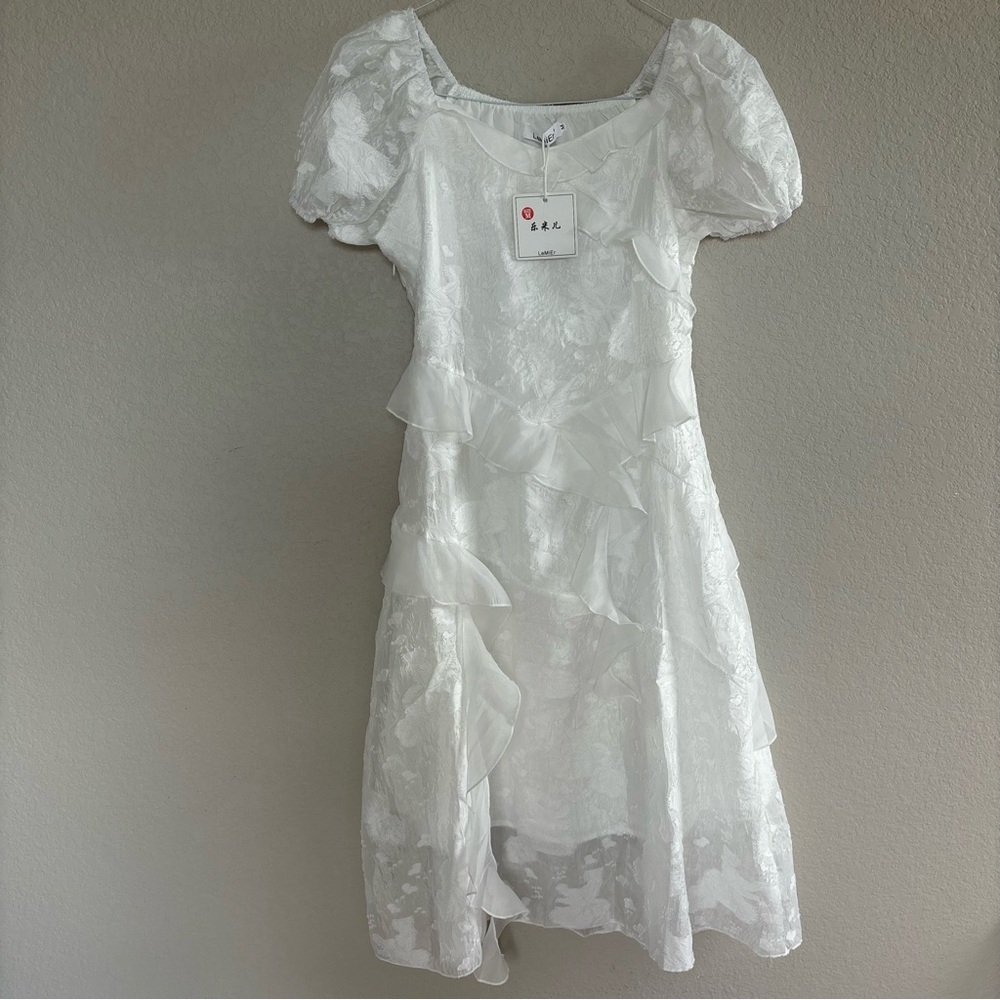NWT leimer white ruffle midi maxi long dress women’s size medium floral bride